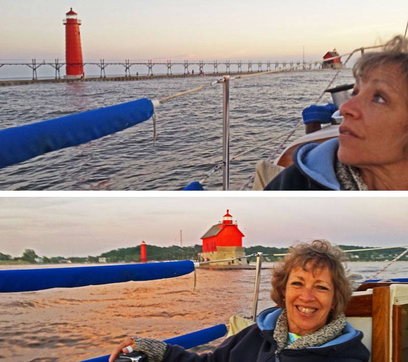 Fay enjoying a cruise past the pier and lighthouses, and out into Lake Michigan.