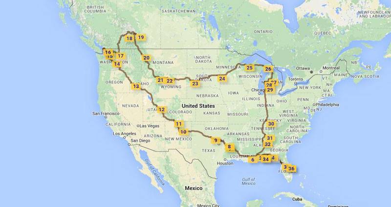The route we took traveling cross country in our small travel trailer