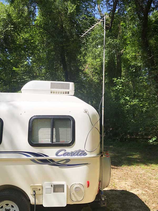 The TV antenna all set up on our small travel trailer